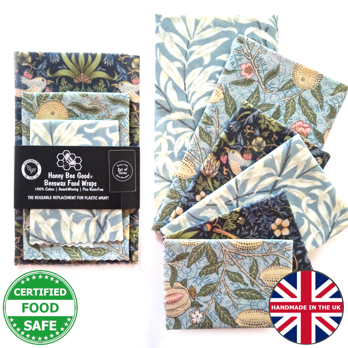 Black Label William Morris Beeswax Wraps | Strawberry Thief