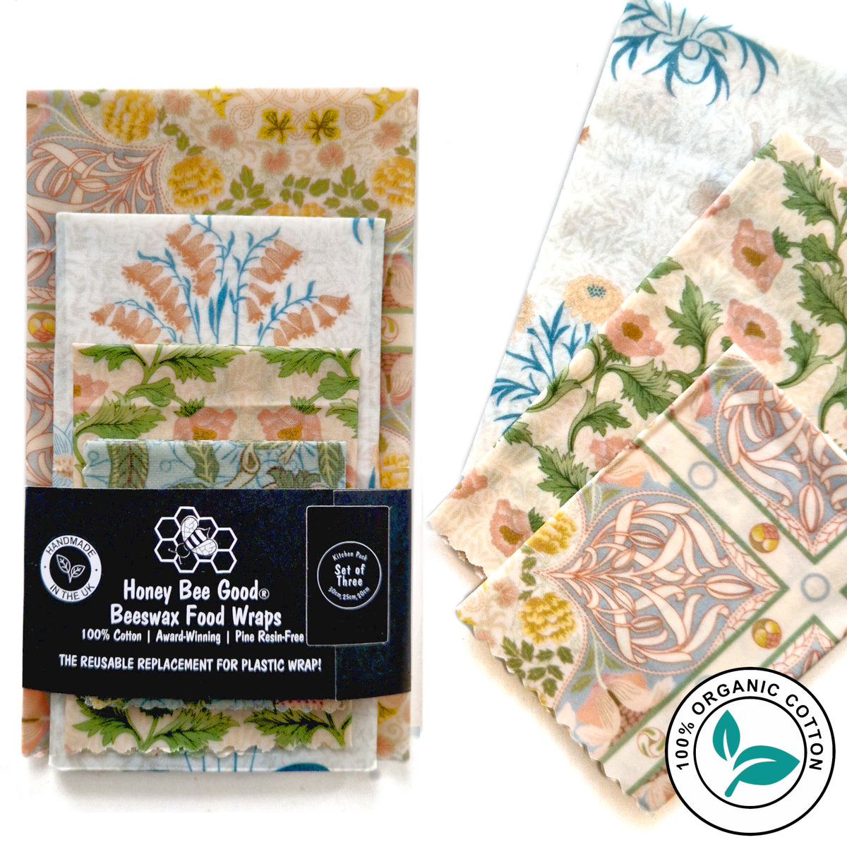William Morris Organic Cotton Set of 3 + 1 Free Beeswax Wraps | Muses