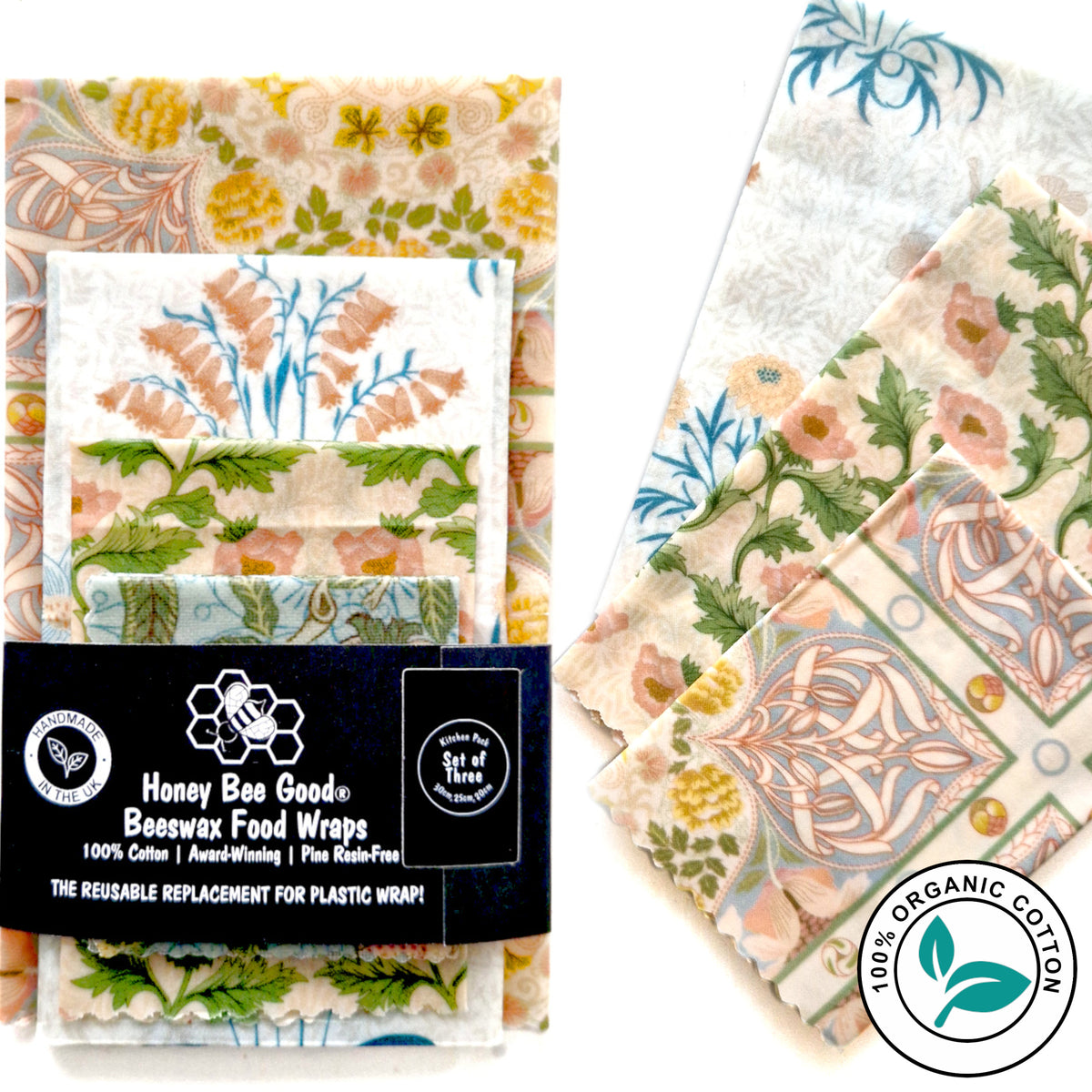 William Morris Organic Cotton Set of 3 Beeswax Wraps + 1 Free | Muses
