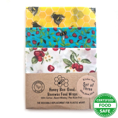 Earth Kind Set of 3 Beeswax Wraps | Bees & Cherries